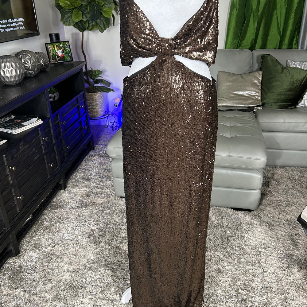 Halston Espresso cut out gown